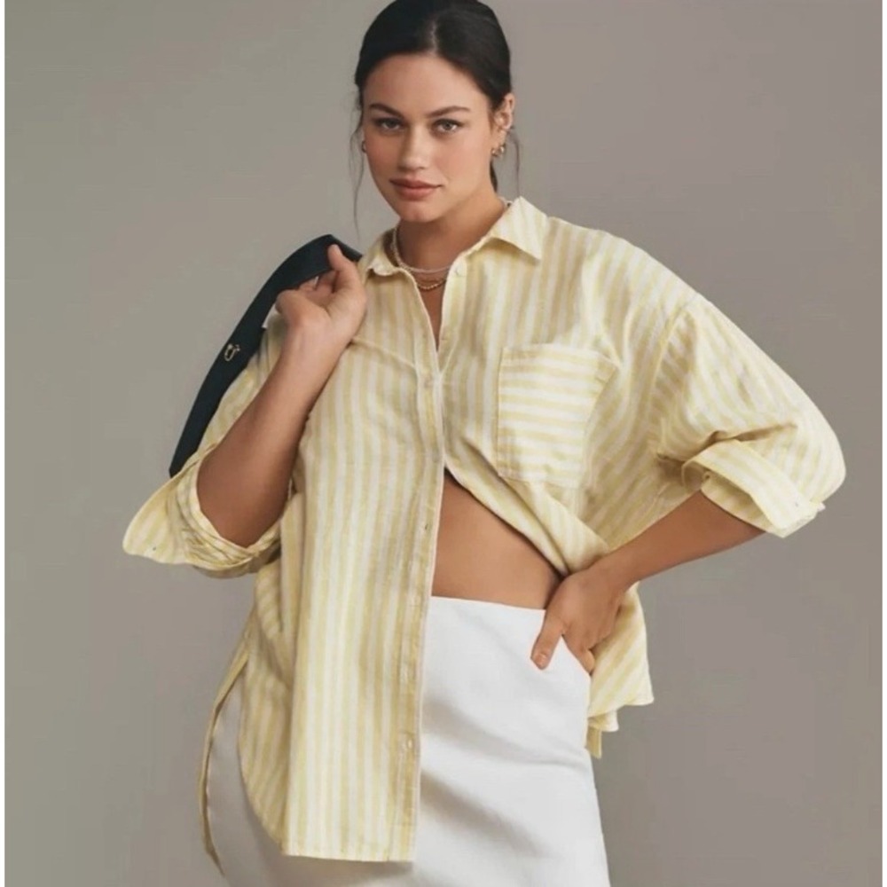 Anthropologie Maeve The Bennet Button Down Shirt Yellow White Striped Sz Medium
